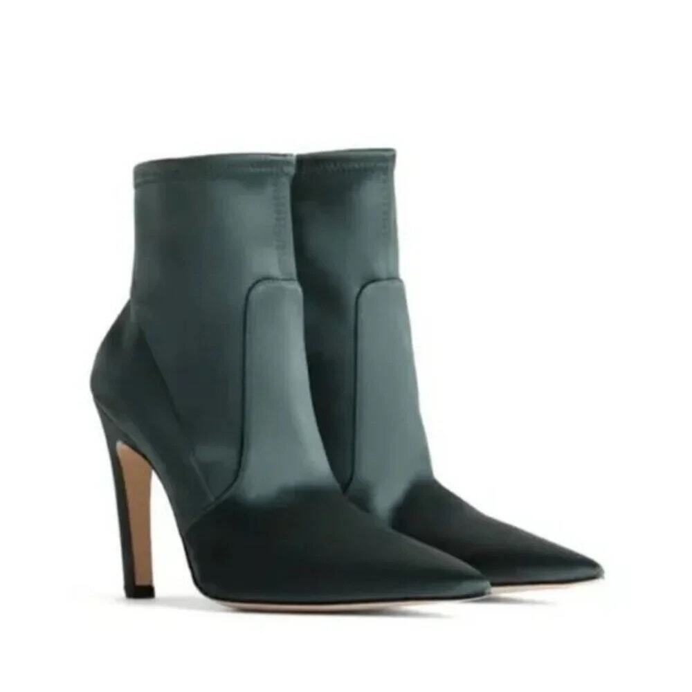 Good American The Icon Satin Sock Bootie Emerald Green Pointed Stiletto Heel 10